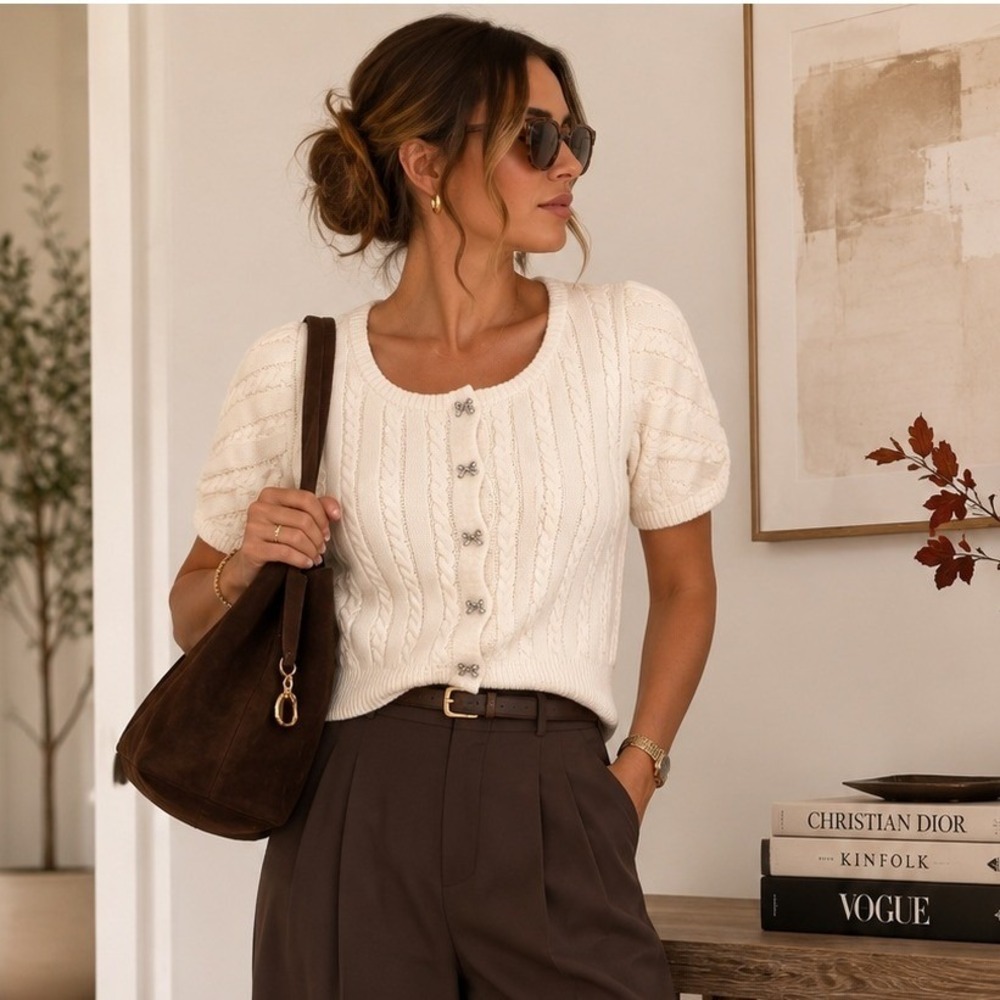 Olive & Oak Cream Cable Knit Short Sleeve Cardigan Bow Button Sweater Small